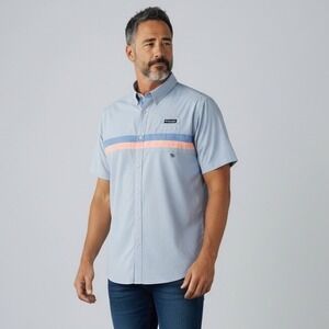 Columbia PFG Fishing Shirt Mens M Blue Pink Striped 80's‎ Style Short Sleeve